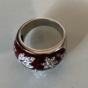 Ruby Red Enamel and Silver Flower Ring